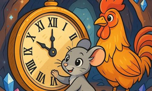 Eine kleine Maus namens Mila, mit weichem grauem Fell und glänzenden, neugierigen Augen, steht mutig vor einer großen alten Uhr, ihr Gesicht zeigt Entschlossenheit und Staunen. An ihrer Seite steht ein majestätischer goldener Hahn mit strahlenden Federn und einem dankbaren Blick, bereit, sie zu ermutigen. Sie befinden sich am Eingang einer geheimnisvollen Höhle, umgeben von funkelnden Wänden, die mit glitzernden Kristallen geschmückt sind, durch die sanftes Licht schimmert. Die Hauptsituation zeigt Mila, die ihre kleine Pfote auf die große Uhr legt, bereit, sie zu reparieren, während der Hahn sie bewundernd beobachtet, was eine Atmosphäre von Abenteuer und Magie schafft.