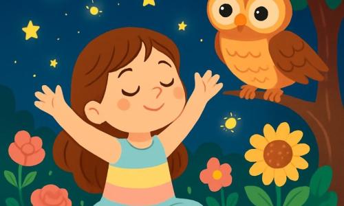 Una niña de 4 años, llamada Luna, con largos cabellos castaños y ojos brillantes, está sentada en un jardín secreto. Lleva un vestido ligero de colores pastel, y su rostro expresa serenidad y alegría. Está respirando profundamente, con los brazos levantados hacia el cielo, como un árbol que se estira. A su lado, un viejo búho sabio, con plumas suaves y ojos redondos y brillantes, la observa con benevolencia. Está posado en una rama de árbol, con las alas ligeramente desplegadas. El jardín está lleno de flores brillantes, como rosas, margaritas y girasoles, que bailan suavemente al viento. Luciérnagas centelleantes iluminan el aire, creando una atmósfera mágica y relajante. Luna, en plena sesión de yoga, se concentra en su respiración, rodeada de la belleza de la naturaleza. Las luciérnagas forman un halo luminoso a su alrededor, mientras ella se transforma en una estrella brillante en la noche estrellada.