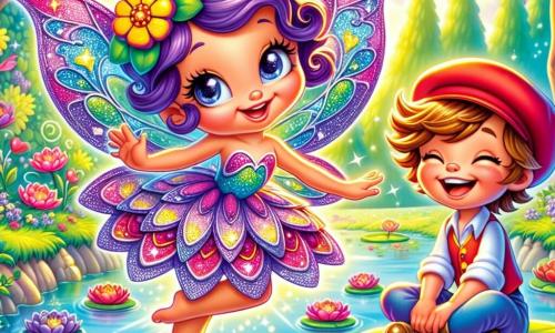 O mică zână pe nume Flutura, cu aripi strălucitoare de nuanță violet, dansează vesel pe o frunză de nufăr. Fața ei este luminată de un zâmbet larg, iar ochii îi strălucesc de năzdrăvănie și curiozitate. Poartă o rochie din petale de flori multicolore care se învârt în jurul ei. Lângă ea, un băiat de 8 ani pe nume Andrei, cu părul castaniu în dezordine și o șapcă roșie mare, râde cu poftă. Stă pe o piatră, cu picioarele încrucișate, ținând în mâini o mică panoplie de sclipici, pregătit să se distreze. Decorul este situat pe malul unui lac însorit, înconjurat de copaci mari cu frunze în formă de inimă, iar flori colorate împrejmuiesc apa strălucitoare. Nori pufoși dansează pe cerul albastru, adăugând o notă de magie scenei. Flutura și Andrei se pregătesc să facă un spectacol de dans și râsete, înconjurați de bule de sclipici care plutesc în aer, creând o atmosferă veselă și jucăușă.