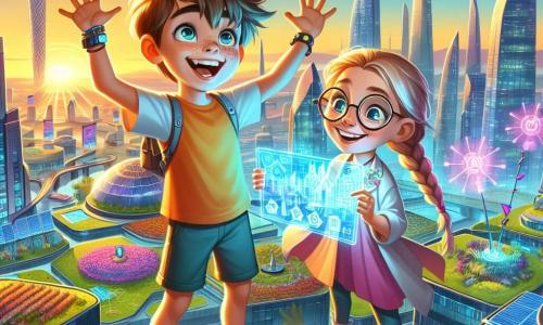 An 11-year-old boy, Max, with messy brown hair and sparkling curious eyes, stands atop a futuristic building with his arms raised in victory. He wears a colorful t-shirt and shorts, his face beaming with joy, illuminated by the setting sun that lights up the city below. Next to him, Lily, an 11-year-old girl with braided blonde hair and round glasses, smiles widely while holding a holographic tablet projecting images of their project. Dressed in a light blouse and comfortable pants, she shows her enthusiasm for technology. The scene is a breathtaking view of Nova Terra, a futuristic metropolis with shimmering glass and steel skyscrapers surrounded by hanging gardens and flying vehicles. Solar panels and wind turbines adorn the rooftops, while colorful holograms float in the air, adding a magical touch to the environment. The main situation shows Max and Lily celebrating their victory after presenting their innovative project on a sustainable city model, surrounded by the vibrant beauty of their futuristic city, symbolizing the promising future they helped create.