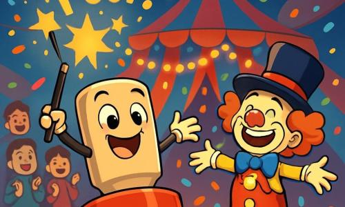 Timbro, un timbro da circo cilindrico con una base rossa brillante e una testa sorridente, è al centro della scena, con gli occhi scintillanti di gioia, mentre salta con entusiasmo. La sua bacchetta magica è sollevata, pronta a fare 