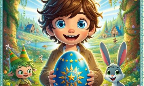 Un niño de 10 años, Lucas, con cabello castaño despeinado y ojos llenos de curiosidad, se encuentra en el centro de la imagen, sosteniendo un huevo de Pascua gigante azul decorado con estrellas doradas. Luce una amplia sonrisa, rebosante de emoción y asombro. A su derecha, un pequeño conejo llamado Tobi, con orejas largas y un sombrero de fiesta, mira a Lucas con una expresión traviesa, listo para acompañarlo en la aventura. A la izquierda, un duende travieso, con piel verde y una gran sonrisa, se esconde detrás de un árbol, observando la escena con diversión. El escenario es un hermoso bosque primaveral, donde los árboles están cubiertos de flores coloridas y el suelo está tapizado de hojas verdes. Rayos de sol filtran a través de las ramas, iluminando los rostros de los personajes y creando una atmósfera mágica. La situación principal muestra a Lucas descubriendo el huevo de Pascua mágico, rodeado de la naturaleza vibrante, listo para resolver el misterio que le espera. Las colores vivos y los detalles encantadores hacen que la imagen sea alegre y cautivadora, invitando a los niños a sumergirse en el universo de la historia.