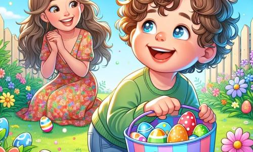 Un bambino di 2 anni, Leo, con capelli ricci e occhi scintillanti di gioia, è accovacciato in un giardino soleggiato, tenendo un secchiello colorato pieno di uova di Pasqua. Sorride meravigliato, circondato da fiori multicolori che danzano nella brezza primaverile. Sua madre, una donna di circa 30 anni con lunghi capelli castani e un sorriso caloroso, è accanto a lui, incoraggiandolo con gesti entusiasti, indossando un vestito leggero a fiori. Il giardino è pieno di fiori brillanti, fogliame verde e un cielo blu chiaro punteggiato di nuvole bianche. Farfalle colorate volano intorno, aggiungendo un tocco di magia alla scena. Leo cerca uova di Pasqua nascoste tra i fiori, con un'espressione di curiosità ed eccitazione sul viso, mentre sua madre lo osserva con orgoglio e affetto.