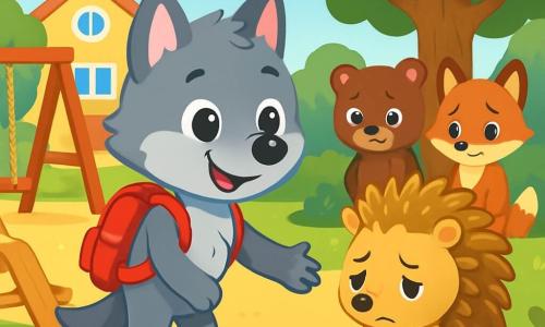 Little Wolf, a young wolf with soft gray fur and sparkling kind eyes, stands in the center of the image with a warm smile. He wears a small red backpack and reaches out to Hedgehog, a hedgehog with golden spikes and sad bright eyes, who stands slightly back with slumped shoulders, as if needing comfort. In the background, Bear Cub, a brown bear with large paws, and Fox, a red fox with pointed ears, stand beside a large oak tree, looking somewhat awkward with regretful expressions. The setting is a sunny schoolyard surrounded by tall green trees and colorful flowers, with wooden play structures and swings gently swaying in the wind. The scene depicts Little Wolf inviting Hedgehog to play, while Bear Cub and Fox watch with remorse, realizing the importance of kindness and friendship.