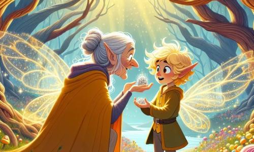 Milo, een jonge elf met glinsterende vleugels en gouden haar, kijkt nieuwsgierig naar een klein zilveren belletje dat hij in zijn hand houdt, zijn gezicht verlicht door een mengeling van opwinding en vastberadenheid. Tante Glim, een oude elf met zilverhaar en een warme glimlach, staat naast hem, omringd door heerlijke kleurrijke snoepjes, haar uitdrukking is vrolijk en dankbaar terwijl ze Milo met bewondering observeert. De scène speelt zich af in een betoverende open plek in het hart van het Elfenbos, waar majestueuze bomen met knoestige stammen naar de lucht reiken, en schitterende bloemen dansen op de zachte bries, terwijl een zonnestraal door het loof filtert en de grond verlicht die bezaaid is met gouden bladeren. Milo en tante Glim ontdekken samen het mysterie van het verdwenen snoepkraampje, terwijl ze aandachtig het zilveren belletje onderzoeken, klaar om het raadsel dat hen omringt op te lossen.