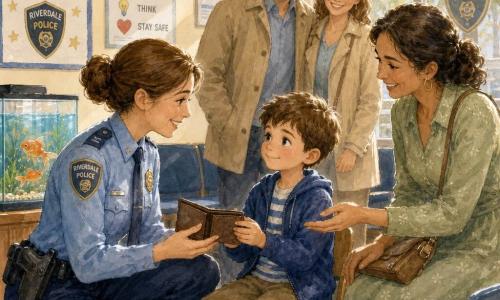 A smiling, caring female police officer in a neat light-blue uniform kneels to return a small open wallet to a shy but proud seven-year-old boy sitting by a rectangular aquarium while Ms. Rivera, relieved and smiling in a pale green dress, reaches for the wallet and the boy’s parents stand a few steps back grateful; the bright police station waiting room has cream walls, safety posters, navy padded benches, a patterned rug and soft afternoon light filtering through the window, creating a warm, peaceful atmosphere.