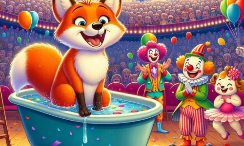 Een blije vos, genaamd Rocco, met een feloranje vacht en een grote glimlach, zit in een grote badkuip vol kleurrijke confetti, met sprankelende ogen van blijdschap. Naast hem lacht een grappige clown, Bobo, met een grote rode neus, krullend haar en een kleurrijk kostuum, terwijl hij zijn hand uitsteekt om Rocco te helpen uit de badkuip te komen. Verderop applaudisseert een elegante acrobatische kat, Bella, met een glanzende zwarte vacht en een schattige roze tutu, terwijl ze op haar achterpoten staat. De scène speelt zich af onder een groot circusdoek, vol fonkelende lichten en kleurrijke ballonnen, met verwonderde toeschouwers op de achtergrond. Rocco, de vos, heeft net een te gewaagde sprongetje gemaakt en zit vast in de confetti-badkuip, terwijl zijn vrienden proberen hem eruit te krijgen terwijl ze lachen om deze grappige situatie.