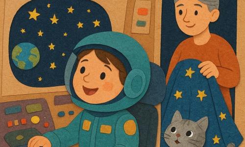 Stella, bambina sorridente e meravigliata in una tuta spaziale blu-verde con toppe dorate, è seduta al posto di pilotaggio mentre preme un grande pulsante rosso; Bolla, gattino grigio dal pelo morbido e occhi tondi, è sul cruscotto e guarda le stelle miagolando piano; la mamma di Stella, donna sulla cinquantina con capelli grigi raccolti, tiene una grande coperta blu stellata vicino alla porta della capsula; sullo sfondo l'interno di una piccola cabina spaziale in stile carta ritagliata con pannelli colorati, schermi quadrati incollati, leve di cartone e finestre ovali che mostrano il cosmo, con una Terra miniatura blu e una pioggia di piccole stelle dorate; scena principale: Stella pilota la navetta con delicatezza, luce calda sul volto, atmosfera dolce e rassicurante, composizione semplice, colori vivaci e texture di carta strappata; stile visivo: forme ritagliate, contorni incollati, texture di carta grana visibile, ombre semplici e colori contrastati adatti ai più piccoli.