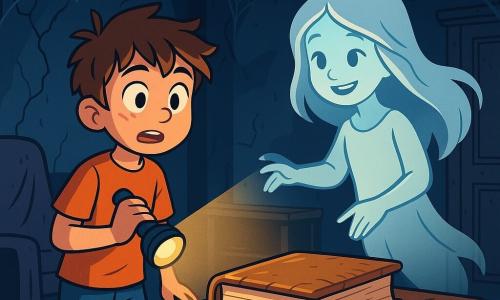 A 10-year-old boy named Ethan, with messy brown hair and sparkling curious eyes, stands in the center of a dark, dusty room. His face shows both excitement and slight fear as he holds a flashlight that weakly illuminates the crumbling walls. Beside him is a ghostly girl named Lily, also around 10, with long flowing hair and a translucent white dress, smiling gently while pointing to an old dusty book on a worn wooden table. The scene takes place in a room of an old haunted mansion, with cracked walls, hanging cobwebs, and dust-covered furniture. Shadows dance around them, creating a mysterious and intriguing atmosphere. Fascinated, Ethan approaches the ancient book, ready to uncover the secrets that could free the trapped spirits in the house.