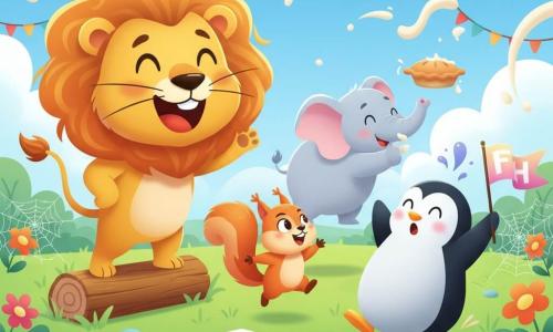 A jovial lion with a large amber-and-gold curly mane, round sparkling eyes and a wide grin stands on a small log stage with his right paw raised as if hosting a game; a hyperactive small red squirrel with glossy fur and mischievous eyes jumps beside the stage flicking its bushy tail ready to run backward; a round black-and-white penguinette with glossy feathers and a surprised amused expression holds a small banner at the finish line, slightly leaning back after her run; a pastel gray elephant with a trunk painted in colorful designs stands in the background throwing a pie, cream splashes visible in the air; the scene is a sunny clearing in Giggle Grove with vibrant green grass, colorful flower clumps, glittering spiderwebs, pennant garlands and a blue sky with fluffy clouds, showing a comic summer festival of animals in funny costumes doing a backward race and a pie fight, dynamic movement, bright colors, and a joyful composition centered on the lion host.