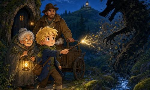 A brave six-year-old boy with a round, freckled face and tousled blond hair, visible breath in the cold, holding a dark stick like a wand and whispering a short rhyme while looking ahead; behind him to the left, a small, stooped 70-year-old woman in a gray coat scented with thyme, bright eyes and a gentle smile, holding a small lantern; to the right rear, a 35-year-old hunter with a short beard, leather hat and canvas jacket, hand on a cart, watchful and reassuring. The night forest path features mossy stones, a sparkling stream, a hollow oak with a dark door, rolling hills and a small hill topped by a lantern. The main scene shows the "Big Bad Wolf" as a long, tapering shadow of dark smoke and leaves dissolving as if driven back by the rhyme. Soft blue moonlight with warm lantern glow, detailed wood and moss textures, deep greens, night blues and golden accents. Graphic style: clean lines, rounded contours, exaggerated readable expressions for children, mysterious yet comforting atmosphere.