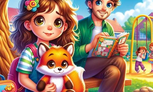 A 10-year-old girl with messy brown hair and sparkling curious eyes is sitting on a wooden bench under a large tree with shiny green leaves. She has a gentle smile but a slight furrowed brow that shows her worry. In her arms, she holds a small stuffed fox, Foxy, with a slightly floppy ear and bright orange fur. Next to her, a man in his thirties, her uncle, has curly hair and a well-groomed beard. He smiles warmly, holding a small notebook filled with drawings and notes, ready to tell a story. The setting is a sunny school park, with colorful swings, a golden sandbox, and children playing in the distance, creating a cheerful and lively atmosphere. The main situation shows the girl eagerly waiting for her uncle's arrival while searching for her lost stuffed fox, her heart beating with anxiety, but surrounded by the comforting energy of the park.