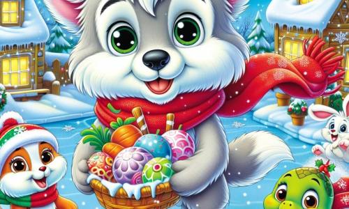 A little wolf named Wally, with soft gray fur and sparkling eyes full of joy, stands at the center of the scene, a big smile lighting up his face. He wears a bright red scarf that flutters in the wind while holding a basket full of colorful treats, ready to share with his friends. To his right, Benny the Bunny, an adorable rabbit with big ears and white fur, jumps for joy, his eyes shining with excitement. He wears a small Christmas hat and holds a carrot decorated with a pretty ribbon, ready to give it to Wally. On the left, Tilly the Turtle, with her green shell adorned with snowflakes, glides on the ice with a delighted smile. Her little feet flap joyfully as she claps for Wally, surrounded by gently falling snowflakes. The setting is a charming snowy village, with houses topped with sparkling snow, twinkling lights decorating the trees, and a large illuminated Christmas tree in the center of the square, creating a festive and warm atmosphere. The main scene shows Wally, Benny, and Tilly celebrating together, sharing laughter and treats, surrounded by the magic of Christmas, while snowflakes dance in the air, adding a touch of enchantment to this joyful moment.