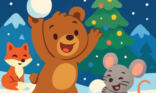 Ein kleiner brauner Bär namens Bruno mit weichem Fell und funkelnden Augen steht lächelnd in der Mitte der Szene und hebt die Pfoten in die Luft, bereit, einen großen Schneeball zu werfen. Neben ihm lacht eine kleine graue Maus namens Mimi mit großen Ohren und einem schelmischen Ausdruck, während sie sich hinter einem Schneehaufen versteckt und bereit ist, ihren eigenen Schneeball zu werfen. Die Szenerie zeigt eine bezaubernde Winterlandschaft mit schneebedeckten Bergen im Hintergrund, funkelnden Sternen am Nachthimmel und bunten Lichtern, die einen großen geschmückten Weihnachtsbaum erleuchten. Der Schnee glänzt im Licht der Sterne, während sanfte Schneeflocken um sie herum fallen. Die Hauptsituation zeigt Bruno und Mimi in einem Schneeballkampf, lachend und spielend, umgeben von anderen Waldbewohnern, die sie fröhlich anlächeln und eine festliche, warme Atmosphäre zur Feier des Neujahrs schaffen.