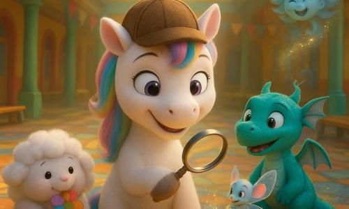 Flitzi, eine kleine Einhorn-Detektivin, steht in der Mitte, lächelnd und konzentriert, perlmuttweißes Fell, pastellregenbogenmähne, kleines Ermittlerhäubchen und Lupe an der Pfote, vor einem glitzernden Schlüsselbund auf einer Bank; hinter ihr Wirbel, ein türkisfarbener Drache mit funkelnden Schuppen, erleichtert und fasziniert, Flügel angelegt; Fips, eine winzige Mäusefee mit durchsichtigen Flügeln, hält den Schlüsselbund frech auf einer Kiste unter dem Dach; Kuschel, ein wolkiges Schaf, kaut links ruhig an einer Regenbogenblume; Wuschel, ein kleiner Windgeist mit wirbelndem Haar, schwebt rechts im Hintergrund und lässt Pailletten wehen; Schauplatz: bunter Pausenhof einer Zauberschule unter großem Glasdach mit Mosaikboden, bemalten Holzbänken und goldenen Sonnenstrahlen — freudige Wiedersehensszene, zentrierte Komposition, leuchtende Farben und warme, weiche 3D-Texturen.