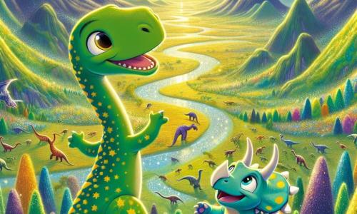Dippy, een jonge diplodocus met een lange nek en een groen met gele vlekken huid, staat op de top van een berg, met glanzende ogen van opwinding en nieuwsgierigheid. Hij kijkt verwonderd naar de uitgestrekte Verloren Vallei beneden, waar gigantische bomen met kleurrijke bladeren en glinsterende bloemen zich zover het oog reikt uitstrekken. Naast hem springt Trico, een kleine triceratops met drie hoorns en een lichtblauwe huid, van blijdschap, met fonkelende ogen van enthousiasme, terwijl hij wijst naar een groep vriendelijke dinosaurussen die hen gadeslaan. Op de achtergrond baadt de vallei in gouden licht, met glinsterende rivieren die zich tussen de groene heuvels slingeren en kleurrijke vogels die in een stralende blauwe lucht vliegen. De hoofdscène toont Dippy en Trico, klaar om dit mysterieuze land te verkennen, vol hoop en avontuur, terwijl ze zich voorbereiden om naar de betoverde vallei af te dalen.