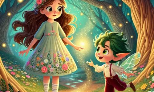 Clara, una joven de largos cabellos castaños y ojos llenos de curiosidad, se encuentra en el centro de un claro encantado, con una sonrisa de asombro en su rostro. Lleva un vestido ligero de tela pastel, adornado con flores coloridas, y extiende la mano hacia una luz dorada que danza a su alrededor. A su lado, Nino, un pequeño duende de cabellos verdes y grandes orejas puntiagudas, salta alegremente, sus ojos brillando de travesura. Lleva un pantalón de terciopelo rojo y una túnica de hojas, y parece invitar a Clara a seguirlo en la aventura. El lugar es un bosque mágico, con árboles de troncos torcidos y hojas brillantes, iluminado por luciérnagas que flotan en el aire. Flores multicolores cubren el suelo, y a lo lejos, un arroyo murmura suavemente. La situación principal muestra a Clara descubriendo el paso secreto hacia el Reino de los Sueños, fascinada por la luz dorada que la invita a entrar en un mundo de magia y aventura.