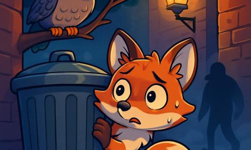 Ein junger Fuchs mit glänzenden, neugierigen Augen, einem leuchtend roten Fell und einem buschigen Schwanz versteckt sich hinter einem alten Mülleimer, sein Gesicht von Besorgnis und Aufregung gezeichnet. Er beobachtet aufmerksam eine dunkle, verschwommene Silhouette, die sich im flackernden Licht abzeichnet, seine Ohren aufrecht und sein Herz schlägt heftig. In der Nähe beobachtet eine weise Eule mit grauen Federn und großen, runden Augen die Szene von einem niedrigen Ast aus, ihr Ausdruck ist sowohl besorgt als auch aufmerksam, bereit einzugreifen, falls nötig. Sie sitzt direkt über dem Fuchs und verleiht der Atmosphäre einen Hauch von Geheimnis. Der Ort ist eine enge, dunkle Gasse, gesäumt von abgenutzten Ziegelmauern, mit tanzenden Schatten, die von einer flackernden alten Laterne geworfen werden. Verwelkte Blätter bedecken den Boden, und ein leichter Nebel steigt auf, was eine sowohl beunruhigende als auch fesselnde Stimmung schafft. Die Hauptsituation zeigt den jungen Fuchs, der im Schatten erstarrt ist und die geheimnisvolle Silhouette beobachtet, die sich langsam zu bewegen scheint, als suche sie etwas in der Nacht. Die Luft ist angespannt, und die Spannung ist spürbar, während der Fuchs sich fragt, ob er sich nähern oder fliehen soll.