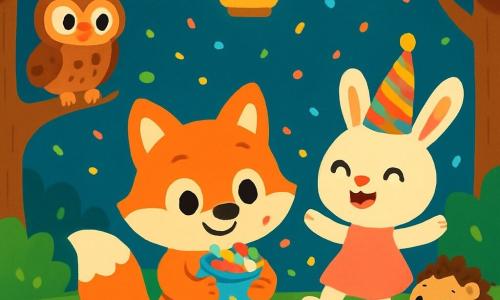 A little red fox named Finn, with sparkling eyes and a joyful smile, holds a small bag of colorful confetti close to his heart. He is surrounded by his friends in an enchanted glade, illuminated by floating lanterns that shine like stars. Mia, an adorable white bunny with big ears and a festive hat, dances joyfully next to Finn, her face glowing with happiness. Old Owl, a wise owl with brown feathers and round eyes, watches the scene kindly from a branch. Hedge, a hedgehog with soft spikes and a shy smile, holds a cup of hot chocolate, sitting on a mossy cushion nearby. The glade is surrounded by majestic trees with shimmering leaves, and the ground is covered with colorful flowers. Multicolored confetti floats in the air, creating a festive and magical atmosphere. Finn and his friends hold hands, ready to count together to release the confetti in a moment of shared joy.