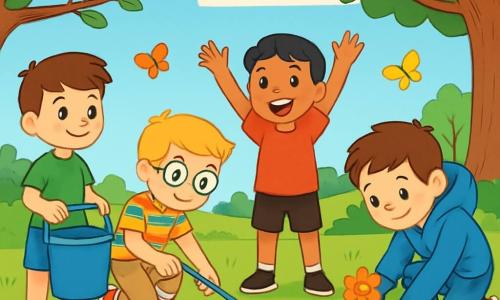Er zijn 4 kinderen: Tom, een 7-jarig meisje met kastanjebruin haar en sprankelende ogen, draagt een groene t-shirt en een blauwe short en houdt een emmer water vast terwijl hij naar zijn vrienden lacht. Sam, een 7-jarige jongen met blond haar en een bril, is in een kleurrijk gestreepte shirt en een beige broek gekleed en bukt om afval op te rapen met een tang. Joris, een 7-jarige jongen met zwart haar en een grote glimlach, staat met opgestoken armen in een rode t-shirt en een zwarte short, enthousiast zijn vrienden aanmoedigend. Max, een 7-jarige jongen met bruin haar en sproeten, draagt een blauwe hoodie en een spijkerbroek en plant een kleine bloem in de grond met een vastberaden uitdrukking. De locatie is een groen park vol kleurrijke bloemen en majestueuze bomen, met een stralende blauwe lucht en enkele donzige witte wolken. Vogels zingen in de takken en vlinders fladderen rond de kinderen, wat een vleugje magie aan de scène toevoegt. De kinderen zijn bezig met het schoonmaken van het park, afval oprapen en bloemen planten, terwijl ze samen, glimlachend en vol energie, vastberaden zijn om de natuur mooier te maken en hun omgeving te beschermen.
