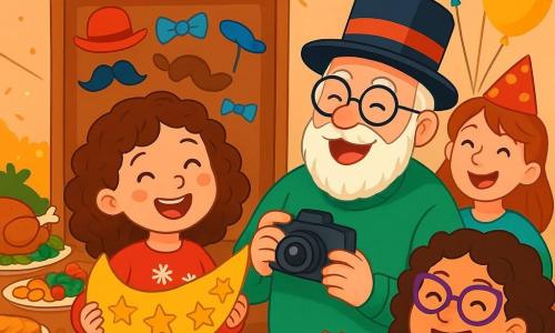 Una bambina di 6 anni, Emma, con capelli castani ricci e occhi brillanti di gioia, sorride ampiamente mentre tiene una grande cornice decorata con stelle dorate. Indossa un vestito rosso vivo con motivi di fiocchi di neve e collant a righe. Accanto a lei, il nonno, un uomo anziano con barba bianca e occhiali rotondi, ride indossando occhiali da clown e un cappello a cilindro colorato, tenendo una macchina fotografica pronta a catturare il momento. La scena si svolge in un soggiorno caldo, decorato con ghirlande scintillanti e palloncini multicolori, con un grande tavolo pieno di cibi festivi. Al centro dell'immagine, Emma e il nonno sono circondati dalla famiglia, tutti mentre posano gioiosamente davanti a un photobooth fatto in casa, pieni di accessori divertenti, pronti a immortalare questo momento di festa e felicità.
