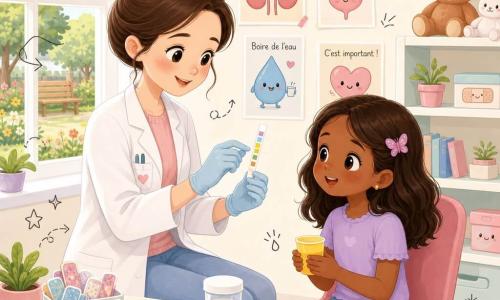 Mujer médico de unos 30 años, cabello castaño recogido en moño, rostro dulce y sonriente, sostiene entre sus dedos enguantados una tira reactiva de colores; niña Valeria de ~7 años, cabello castaño medio con una pinza de mariposa, expresión aliviada y curiosa, sentada en una silla acolchada con un pequeño vasito amarillo mirando la tira; clínica escolar con paredes claras y pósters kawaii de órganos, estantes con peluches y cajas de vendas decoradas, gran ventana con luz suave y vista a un jardín escolar; la médica muestra la tira urinaria cuyos cuadritos se tiñen de verdes, amarillos y azules, ambos tranquilos, composición centrada, paleta pastel cálida, texturas suaves, trazos redondeados y pequeños doodles (gotas, corazones, estrellas) alrededor.