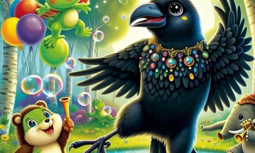 Un corvo di nome Carlo, con un piumaggio nero lucido e occhi brillanti di gioia, danza felicemente al centro della scena, con le ali spiegate e un ampio sorriso sul becco. Alla sua destra, una piccola rana verde di nome Rita, con macchie gialle sulla schiena, salta in aria facendo bolle di sapone che fluttuano intorno a loro. A sinistra, un riccio di nome Rocco, con aculei marroni e un sorriso malizioso, tiene palloncini colorati che volano verso il cielo. Sullo sfondo, un grande elefante di nome Elio, con grandi orecchie e una proboscide gioiosa, suona la tromba, aggiungendo musica alla festa. La scena si svolge in una foresta incantata, con alberi dalle foglie brillanti, fiori colorati e un lago scintillante sotto il sole. La situazione principale mostra Carlo e i suoi amici in festa, ridendo e divertendosi insieme, circondati da bolle di sapone e palloncini fluttuanti, creando un'atmosfera gioiosa e festosa.