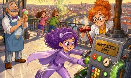 La protagonista è una supereroina, LampoLilla: donna gioiosa e determinata, capelli viola ricci, tuta lavanda lucida e mantello leggero, corre riparando tubi attorno alla grande macchina “Nuvolatrice 3000” (scatola metallica con tubi verdi bollenti, pulsanti lampeggianti e una lunga asta arrugginita che fuma); Ginger, scienziata adulta coi capelli arancioni, occhiali tondi e lentiggini, appare concentrata mentre tira una grande leva rossa; il signor Frizzo, gelataio baffuto di circa 50 anni coi capelli grigi, applaude dalla terrazza tenendo un cono; due bambini di 6–7 anni ridono e indicano una nube verde che si dissolve in petali di zucchero; ambientazione su una terrazza panoramica di vetro e metallo con pavimento in lastre bianche e vista su una città colorata dai tetti rossi e un fiume argentato; stile colori vivaci, contorni netti, espressioni amichevoli ed esagerate, luce dorata del crepuscolo e atmosfera gioiosa e leggermente magica.