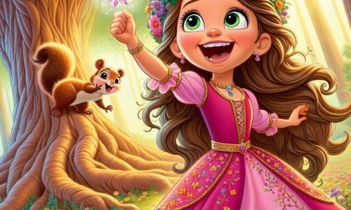 Prinses Lila, een meisje van ongeveer 10 jaar, heeft lang golvend lichtbruin haar, versierd met een kroon van kleurrijke bloemen. Ze draagt een stralende roze jurk met bloemenpatronen, en haar gezicht straalt vastberadenheid en opkomende vreugde uit terwijl ze een prachtig glinsterend bloemblaadje in haar hand omhoog houdt. Naast haar moedigt een ondeugend eekhoorntje met een bruine vacht en een pluizige staart haar aan door op een lage tak te springen, met sprankelende ogen vol ondeugd. Verderop staat de grote majestueuze Wijze Boom met een brede stam en gouden bladeren die in de zon glinsteren, terwijl zijn wortels om Lila heen kronkelen, alsof ze haar aanmoedigen in haar zoektocht. De scène speelt zich af in het Betoverde Bos, een betoverende plek vol reusachtige bomen met kromme stammen, kleurrijke bloemen die dansen in de wind, en zonnestralen die door het loof filteren, wat een magische en warme sfeer creëert. De hoofdsetting toont prinses Lila, vol energie en moed, klaar om de uitdaging aan te gaan om de vreugde voor haar koninkrijk terug te vinden, omringd door de schoonheid van de natuur en de aanmoediging van haar vriend het eekhoorntje.