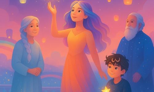 Lysandra, a young radiant woman with soft features and iridescent hair like butterfly wings, stands on the highest cloud tower releasing a small star that bursts into golden sparks; to her left Lady Mirabel, about 60, in a pearl-rain gown with braided silver hair and a kindly smile, stands by a fountain of light; to the right Ori, a playful 12-year-old with a crown of tiny moons and tousled hair, sits on a parapet holding a sleeping star; the Cloudkeeper, an elderly man with a misty beard and a starry cloak, watches proudly from behind. The setting is a cloud-palace tower courtyard with translucent balustrades, floating lanterns, rainbow bridges, glowing flower gardens and ribbons of light waterfalls at twilight during a joyful, magical star-and-lantern festival in soft saturated pastels and airy, shimmering textures.