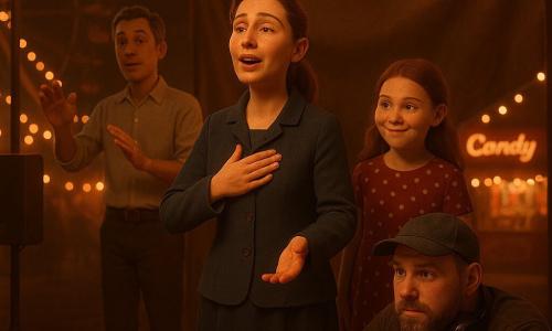 Volwassen vrouw Mara, choriste, geconcentreerde en vriendelijke blik, kastanjebruin haar in lage paardenstaart, nachtblauwe jas, zingt a capella in het midden van het kleine podium met één hand op het hart en de andere licht opgestoken; tienermeisje Noor, rond gezicht en guitige glimlach, rode jurk met stippen, staat net achter Mara rechts klaar voor tweede stem en kijkt naar haar; man Joep, robuuste geluidstechnicus (35–40) met korte baard en pet, gehurkt achter een draagbare mengtafel met een hand op een fader en zwarte koptelefoon om zijn nek, stelt zachtjes bij; man Bas, koorleider (±40) met grijs gemêleerd haar en licht overhemd, staat iets achteraan links met geheven handen alsof hij zacht dirigeert en een bemoedigende blik; scène: kleine kermispodium buiten 's nachts, warme lichtslingers, vervaagde reuzenrad en snoepkraampjes op de achtergrond, zwarte luidsprekers, houten vloer en bewegende opgevouwen zeil; situatie: korte stroomuitval — gedimd licht, gezinnen applaudisseren in een cirkel, Mara zingt om de menigte te kalmeren en te verenigen, Joep draait zacht aan faders, Bas dirigeert stil, warme kleurtonen (oranje/amber/rood) en zachte contrasten met lichtjes die reflecteren op gezichten.