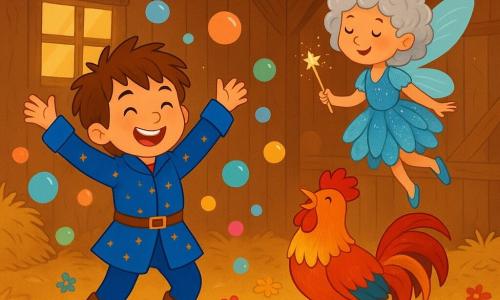 Il principe Nino, un ragazzo di circa 10 anni, ha i capelli castani arruffati e un sorriso malizioso. Indossa un corto cappotto blu vivace con piccoli motivi di stelle dorate e scarpe leggermente fangose. Nino sta ballando allegramente, con le braccia alzate, circondato da bolle colorate che fluttuano intorno a lui. Accanto a lui c'è Piumetta, una piccola fata dai capelli ricci e argentati, di circa 8 anni, che indossa un vestito scintillante di petali di fiori e vola leggermente sopra il suolo, agitando la sua bacchetta magica che emette scintille dorate. Il loro amico Gedeone, un gallo dalle piume rosse e dorate, si trova fiero su una palla di fieno, cantando con gioia. La scena si svolge in un granaio incantato, con muri in legno rustico e raggi di sole che filtrano dalle finestre, illuminando la confusione di paglia e fiori colorati sparsi sul pavimento. Il principe Nino e i suoi amici celebrano il ritorno di Gedeone in un'atmosfera festosa, piena di risate e magia, dove il disordine si trasforma in gioia.