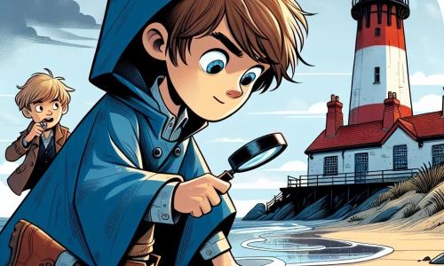 Um menino de 9 anos, Miguel, com cabelos castanhos bagunçados e olhos brilhantes de curiosidade, está agachado no chão, examinando pegadas na lama com uma lupa. Ele usa uma capa de chuva azul que flutua levemente ao seu redor, e seu rosto expressa intensa concentração. Ao seu lado, Inácio, um garoto de 10 anos com cabelos loiros e um sorriso travesso, segura um doce na mão, olhando para Miguel com admiração. Ao fundo, o velho farol, pintado de branco e vermelho, ergue-se majestoso contra um céu nublado, com suas luzes apagadas. A cena ocorre em uma praia de areia fina, onde ondas quebram suavemente, criando uma atmosfera misteriosa. Miguel, em plena investigação, busca resolver o mistério da luz apagada do farol, cercado por uma atmosfera de aventura e suspense.