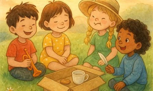 Lana (4) glimlacht rustig, kastanjebruin kort haar, gele jurk met stippen; Bram (4) lacht zacht, warrig bruin haar, rood T‑shirt, houdt een klein plastic trompetje; Muisje (4) blond met vlechten, groene rok, draagt een te grote hoed en trekt een grappig gezicht; Noor (4) krullend zwart haar, blauwe trui, houdt een veer en wijst die naar het midden; ze zitten in kleermakerszit in een kring op een klein grasheuveltje bij zonsondergang tussen madeliefjes, in het midden een open kartonnen doos met een kopje water en een koekje — zachte gedeelde pauze met ingehouden gelach en warm avondlicht op de gezichten
