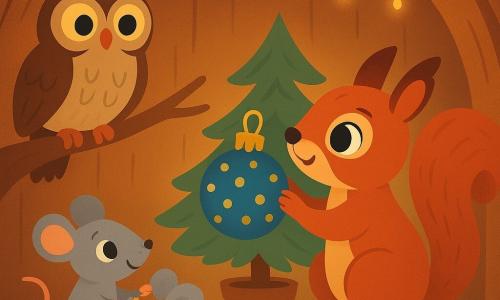 Een kleine eekhoorn met roodbruine vacht en een pluizige staart, genaamd Veer, kijkt vol verwondering naar een blauwe kerstbal met gouden stippen, die aan een klein dennenboompje hangt. Veer zit op zijn achterpoten en zijn glanzende ogen zijn gericht op de bal. Naast hem zit een oude, wijze uil met grote gele ogen op een tak, die Veer vriendelijk gadeslaat. Op de grond houden twee kleine grijze muizen met fonkelende ogen een glinsterende stoffen band vast, klaar om de boom te versieren. Het interieur van Veers hol is warm en gastvrij, met houten muren en kleine lichtslingers. Het hoofdtafereel toont het moment waarop Veer voorzichtig de gerepareerde bal aan de boom hangt, waardoor de kamer zacht goudkleurig oplicht.