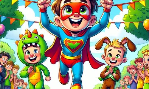 Un băiat de 10 ani, Andrei, cu părul castaniu și un zâmbet mare pe față, poartă un costum colorat de supererou cu o pelerină roșie care flutură în spate. Aleargă cu entuziasm, cu brațele ridicate, arătându-și determinarea și bucuria. Lângă el, prietenii săi: un băiat de 10 ani îmbrăcat în dinozaur verde, care râde încercând să-l ajungă, și o fetiță de 9 ani, îmbrăcată în iepure cu urechi mari, care aplaudă încurajându-l. Scena se desfășoară într-un parc însorit, plin de flori colorate și copaci verzi, cu o linie de start marcată de baloane și spectatori veseli care râd și aplaudă. Situația principală arată cum Andrei și prietenii săi participă la un concurs de alergare costumate, distrându-se cu mișcări comice în timp ce aleargă, creând o atmosferă festivă și plină de râsete.