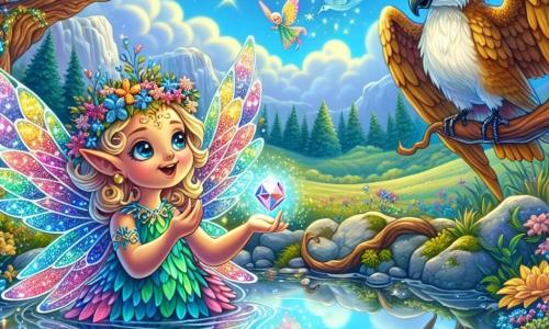 Lumina, uma criatura mágica com asas cintilantes e multicoloridas, flutua alegremente sobre um lago pacífico, seu rosto radiante de curiosidade e deslumbramento. Seus olhos brilham como estrelas, e ela segura em suas mãos uma pedra cintilante que reflete as cores do arco-íris. Perto dali, um sábio pássaro de penas douradas, empoleirado em um galho, observa Lumina com um sorriso benevolente. Seus olhos sábios expressam serenidade, e ele parece pronto para compartilhar sua sabedoria. O cenário é um vale encantado, onde flores coloridas dançam ao vento e árvores majestosas com troncos retorcidos murmuram segredos antigos. O céu é de um azul radiante, salpicado de nuvens fofas. A cena principal mostra Lumina contemplando seu reflexo no lago, percebendo a importância da verdade e da autenticidade, enquanto o sábio pássaro a encoraja a explorar as profundezas de seu coração.