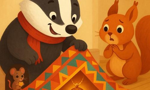 Basil the badger (main): round, smiling, moved and focused, red scarf slightly askew, small brown notebook behind his ear, crouched lifting a corner of a large colorful rug with one paw to reveal a shiny acorn-shaped necklace; Mrs. Willow the squirrel (secondary): small, reddish fur, worried but relieved eyes, standing next to Basil with hands clasped, looking at the found necklace; Millie the mouse (secondary): small brown mouse with pink ear, shy face, emerging from a hole in the baseboard behind the rug holding a tiny piece of cheese; interior: warm old building hallway, light wooden floor, large geometric rug (blue, yellow, red), blurred antique wall clock, scattered pecan crumbs and tiny paw prints leading to the hole; moment of discovery, centered composition, saturated colors, smooth textures, clean childlike vector style.