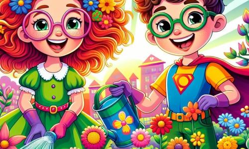 An 8-year-old girl named Lily, with bright red hair blowing in the wind, wears large colorful glasses. She has a beaming smile of excitement as she waters flowers in her garden, surrounded by vivid colors and vibrant blooms. Next to her is Max, an 8-year-old boy with curly brown hair and a wide smile, holding a colorful sign with a superhero drawing made of flowers. They are both at the center of a lush garden, filled with multicolored flowers, fluttering butterflies, and sunlight illuminating the scene. The main focus shows Lily and Max working together to save their garden, with watering cans and gardening tools, while laughing and sharing ideas about environmental protection.