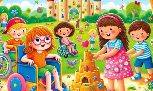 In a sunny park, an 8-year-old girl named Lily, with brown hair and glasses, smiles joyfully while sitting in her colorful wheelchair, surrounded by multicolored flowers. Next to her is Max, a 7-year-old boy with blond hair and sparkling eyes, standing with his arms raised as if he just flew off a swing. A bit further away, Sam, a 6-year-old boy with brown hair and a red cap, and his sister Anna, a 5-year-old girl with curly hair in a pink dress, lean over a large sandcastle they built together. The park is filled with greenery, majestic trees, and singing birds, while the golden sand of the sandbox shines in the sun. Children play around, laughing and having fun, as a gentle breeze makes the flowers dance. The main scene shows Lily, Max, Sam, and Anna happily collaborating to build a large sandcastle with towers and walls, all smiling and enjoying playing together, illustrating friendship and inclusion.