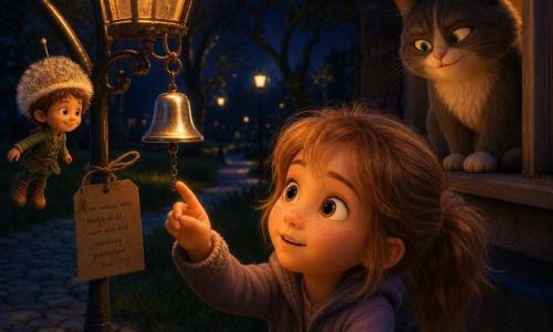 Linde, 8 jaar, rond gezicht met sproeten, lichtbruin haar in rommelige staartjes, grote nieuwsgierige ogen en verwonderde uitdrukking, reikt naar een klein zilveren belletje aan een smalle metalen lantaarn waaraan een kaartje met handgeschreven tekst hangt; meneer Pluis, een mollige grijs-witte kat met glanzende groene ogen, zit op de vensterbank achter haar en kijkt beschermend en guitig toe; Tijs, een piepklein jongetje van ongeveer 7 jaar ter grootte van een kopje met een paardenbloemhoed en piepende schoentjes, zweeft glimlachend naast de lantaarn; het is nacht in een rustig stadspark met glanzende keienstraat, donkere grasvelden, silhouetbomen en gele lantaarns die warme, ronde lichtkringen geven; sfeer: diepe nachtelijke kleuren (indigo, dennengroen) contrasterend met goudwarm licht rond de lantaarn, zachte, licht pluizige texturen, sereen en magisch; compositie: halflange close-up met Linde in het midden, bel en lantaarn voor haar, meneer Pluis rechts op de vensterbank en Tijs links van de lantaarn, licht schuin van boven voor een uitnodigend effect.