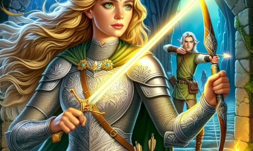 La scena rappresenta una coraggiosa cavaliere, Lady Elara, una donna di circa trent'anni, con lunghi capelli dorati che fluttuano nel vento. Indossa un'armatura scintillante decorata con motivi floreali, il suo viso esprime determinazione e speranza. Brandisce una spada brillante, pronta a difendere il suo regno. Accanto a lei c'è Lirion, un giovane elfo di 20 anni, con capelli argentati e occhi verdi brillanti. Sta tirando una freccia dal suo arco, concentrato e vigile, leggermente in ritardo rispetto a Lady Elara, pronto a sostenerla. Lo sfondo è quello di una caverna antica al centro di un labirinto di pietra, illuminata da una strana luce verde che emana da un cristallo sospeso al soffitto. Le pareti della caverna sono coperte di muschio e liane, creando un'atmosfera mistica e incantevole. La situazione principale mostra Lady Elara e Lirion che si preparano ad affrontare un'ombra minacciosa che si muove attorno al cristallo, simboleggiando il male che devono sconfiggere per salvare il loro regno.
