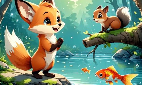 Felix, de kleine oranje vos met een glanzende vacht en nieuwsgierige ogen, staat vrolijk aan de rand van een rivier met zijn pootjes in het water, terwijl hij naar de zwemmende vissen kijkt. Hij heeft een grote glimlach op zijn gezicht, wat zijn enthousiasme voor de natuur toont. Naast hem klimt Luna, het eekhoorntje met grote oren en een pluizige staart, op een tak, met verwonderde ogen en een kleine zaailing die ze net heeft geplant. Ze is vol energie en lijkt ongeduldig te wachten op de groei van de boom. Op de achtergrond is het landschap gevuld met grote groene bomen, kleurrijke bloemen en een stralende blauwe lucht, met zonnestralen die door de bladeren schijnen. De rivier glinstert in het licht en vogels zingen vrolijk in de takken. De scène toont Felix en Luna die samenwerken om bomen te planten en de rivier schoon te maken, wat hun inzet symboliseert om hun omgeving te beschermen tegen klimaatverandering.