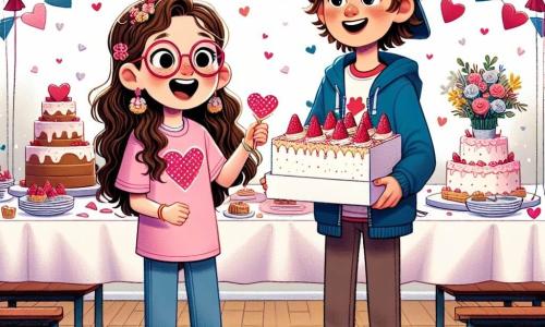Una niña de 10 años, Camila, con cabello largo castaño y gafas redondas, sonríe alegremente sosteniendo una caja de pasteles decorada con corazones. Lleva una camiseta rosa con un diseño de corazón y jeans azules. A su lado, un niño de 10 años, Lucas, con cabello castaño y una gorra roja, observa maravillado los pasteles que han preparado juntos. Él viste un sudadera azul y zapatillas blancas. El decorado está en la cafetería de la escuela, adornada con guirnaldas de corazones de papel y globos rojos flotantes. Las mesas están cubiertas con manteles blancos y pequeños ramos de flores coloridas. La escena muestra a Camila y Lucas, rodeados de sus amigos, compartiendo pasteles en forma de corazón, con sonrisas radiantes en sus rostros, celebrando la amistad y la alegría del Día de San Valentín.
