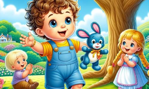 Un bambino di un anno, con capelli ricci e occhi curiosi, si trova sotto un grande albero, con un ampio sorriso sul volto. Indossa una salopette blu e una maglietta gialla, tenendo saldamente il suo giocattolo, un coniglietto blu. Accanto a lui, un orsetto di peluche di nome Pippo, che sembra avere circa 2 anni, è seduto sull'erba verde, con uno sguardo gioioso e le braccia aperte, pronto a festeggiare la vittoria della loro avventura. Più in là, una bella bambola di nome Lilli, di circa 3 anni, con lunghi capelli biondi intrecciati e un vestito rosa, applaude con entusiasmo, i suoi occhi brillanti di eccitazione. Il luogo è un giardino soleggiato, pieno di fiori colorati e un cielo blu splendente. La scena principale mostra il piccolo Leo, trionfante dopo aver ritrovato il suo coniglietto blu, circondato dai suoi amici Pippo e Lilli, celebrando insieme la loro avventura e amicizia sotto il grande albero.