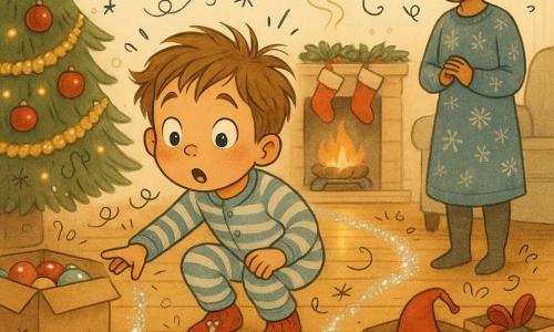 Băiat de 4 ani, uimit și curios, cu părul șaten despletit, în pijama cu dungi și șosete roșii cu reni, se apleacă urmând o dâră de sclipici argintiu pe podea; mama (≈30–35 ani), zâmbitoare, părul prins în coc, în rochie confortabilă cu fulgi, stă lângă canapea, râzând încet și privind băiatul; un spiriduș jucăuș, invizibil, e sugerat doar printr-o mini-caguliță roșie care se pierde într-o cutie cu panglici, lăsând scântei și o mini-clopoțelă aurie pe o ghirlandă; livingul e cald, parchet lucios, brad mare decorat cu globuri roșii și ghirlande aurii, șemineu cu șosete atârnate și un mic nor de scorțișoară ilustrat; scenă apropiată, culori calde, lumini sclipitoare și texturi de lână și lemn.