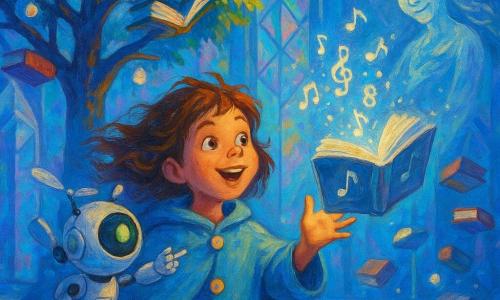 An 8-year-old girl, Lyra, delighted and smiling with wavy brown hair blown by the wind and wearing a pale-blue cape with moon-shaped buttons, reaches for a floating silver book that opens to release glowing notes and numbers; to her right floats Pip, a cat-sized white metal robot with a glowing green eye and small propellers at shoulder height, pointing toward the books; behind a central book-tree stands a translucent, ageless humanoid figure of wind and shimmering light smiling gently; the scene is a crystalline library with prismatic glass walls, a central tree whose branches bear books like leaves, floating books and light orbs, and a floor of floating tiles, evoking a magical yet scientific atmosphere in vivid blue, violet and silver tones with visible acrylic-like textures, soft light and bright contrasts.