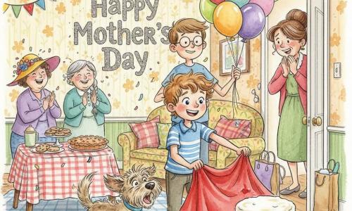 A radiant, excited 10-year-old boy, Oliver, with light brown curly hair and sparkling blue eyes, holds a corner of a red sheet ready to reveal the cake, standing in front of a sofa; behind it 10-year-old Leo, tall for his age with round glasses slipping down his nose, smiles nervously holding multicolored balloons; Mrs. Pumpernickel, about 35–40, stands in the doorway surprised and emotional with hands to her face and brown hair in a bun, groceries spilling at her side; a scruffy light-brown dog, Biscuit, wags and jumps around the boys; in the background Auntie May (~50, wearing a large colorful hat) and Miss Daisy (~60, gray-haired in a braid) laugh and applaud near a table of cookies and a pie; the bright, warm living room has floral wallpaper, bunting, a large glittery Happy Mother’s Day banner, checkered tablecloths and confetti; main moment: the red sheet is pulled back to reveal a slightly overcooked cake with thick icing, expressions of joy and wonder, vivid colors, ink contrasts and watercolor washes with visible paper texture and brushstrokes.