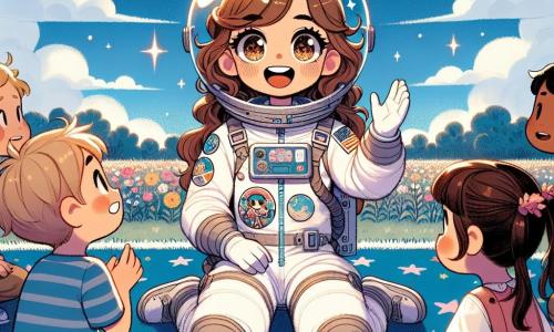Un'astronauta donna, Stella, con capelli castani e occhi scintillanti, indossa una tuta spaziale bianca decorata con adesivi colorati. Sorride entusiasta, seduta su un grande tappeto blu che assomiglia a un cielo stellato, circondata da bambini. Un ragazzo di 7 anni, con capelli biondi e occhi sgranati, è seduto di fronte a lei, ascoltando con fascinazione. Accanto a lui, una ragazza di 6 anni, con due codini castani e un vestito rosa, alza la mano, impaziente di fare una domanda. Lo scenario è uno spazio esterno soleggiato, con nuvole morbide che fluttuano nel cielo blu e stelle scintillanti disegnate sul tappeto. La situazione principale mostra Stella che condivide le sue avventure spaziali con i bambini, raccontando come ha esplorato pianeti e fatto crescere piante nello spazio, mentre loro la ascoltano con meraviglia e curiosità.