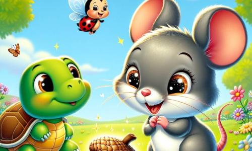 A little mouse named Mia, with soft gray fur and sparkling eyes full of curiosity and joy, stands in front of a shiny acorn in the garden. She smiles widely, her tiny front paws raised, ready to share her discovery. Next to her, Benny the rabbit, with big ears and brown fur, gazes at the acorn in wonder, his hind paws firmly planted in the green grass. Lila the ladybug, red with black spots, joyfully flies above them, while Timmy the turtle, with his green shell and gentle eyes, approaches slowly, curious. The garden is filled with colorful flowers, dancing butterflies, and a bright blue sky, creating a cheerful and sunny atmosphere. Mia and her friends gather around the sparkling acorn, ready to share laughter and stories, illustrating the spirit of friendship and sharing.